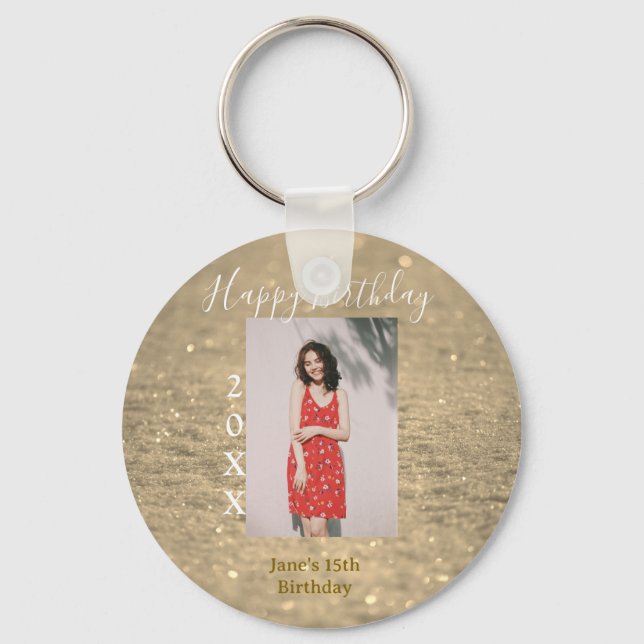 Golden glitter lycklig 15-årsfoto namn nyckelring (Framsida)