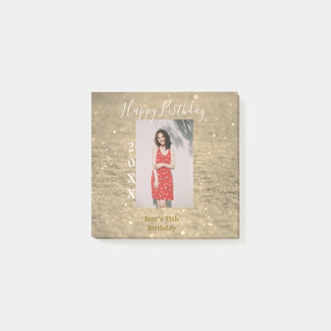 Golden glitter lycklig 15-årsfoto namn post-it block (Framsida)