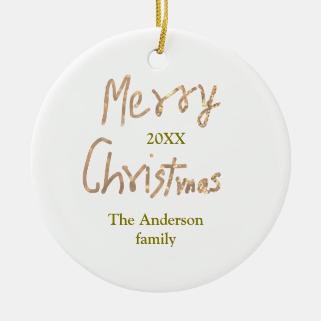 Golden glitter merry christmas add family name yea julgransprydnad keramik (Framsidan)