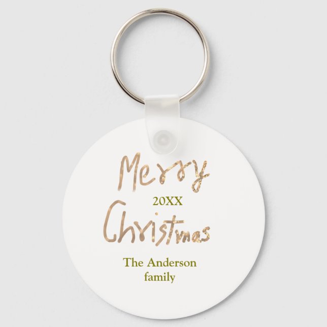 Golden glitter merry christmas add family name yea nyckelring (Framsida)