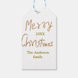 Golden glitter merry christmas add family name yea presentetikett