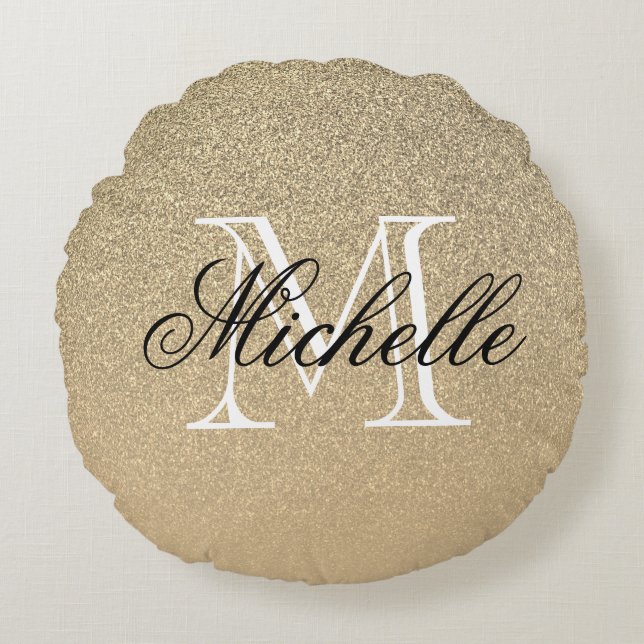 Golden Glitter Monogram Rund Kudde (Framsidan)