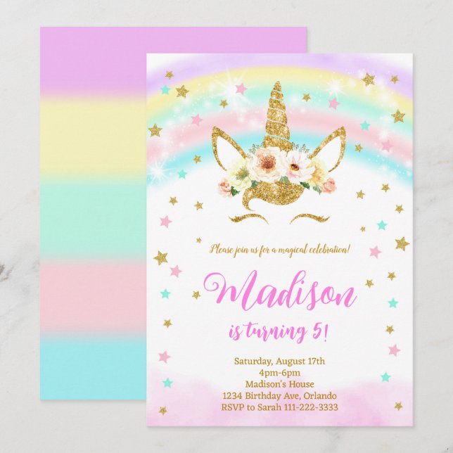 Golden Glitter Rainbow Unicorn Birthday-inbjudan Inbjudningar (Fram/baksida)