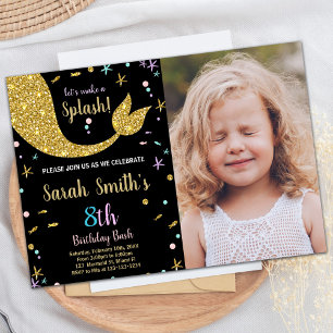 Golden Glitter Sjöjungfru Svan födelsedag med foto Inbjudningar