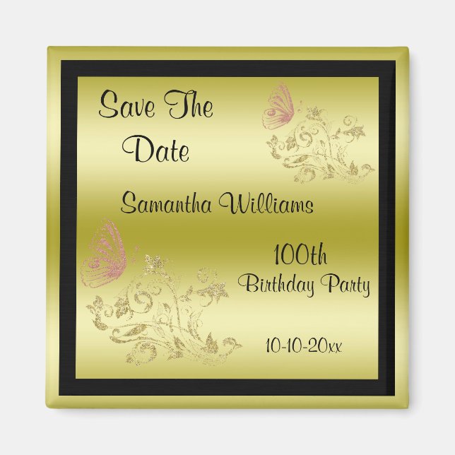 Golden Glitter & Sparkly Butterfly 100-årsdagen Magnet (Framsidan)