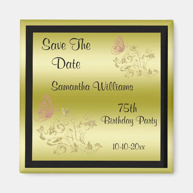 Golden Glitter & Sparkly Butterfly 75:e Birthday Magnet (Framsidan)