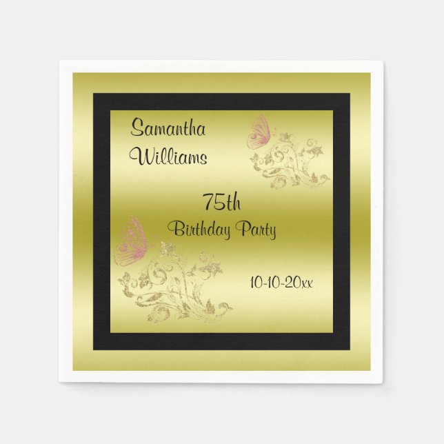 Golden Glitter & Sparkly Butterfly 75:e Birthday Pappersservett (Framsidan)