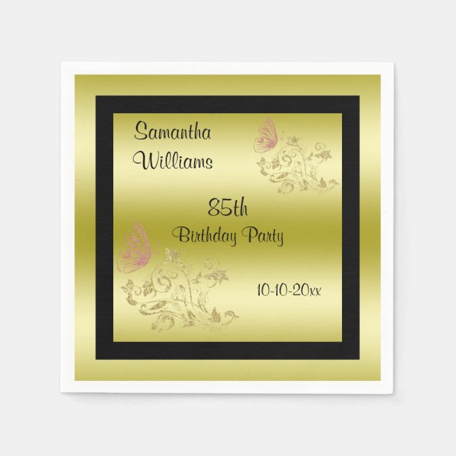 Golden Glitter & Sparkly Butterfly 85:e födelsedag Pappersservett (Framsidan)