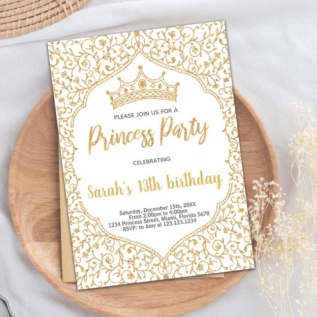 Golden Glitter White Princess Birthday Inbjudningar (Golden Glitter White Princess Birthday Invitation)