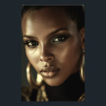 Golden Glow Melanin Fierce Portrait Fototryck<br><div class="desc">Golden-bronze light sculpts flawless deep brown skin, highlighting razor-sharp cheekbones, glossy lips, and piercing eyes framed by smoky glitter shadow. A sleek short natural cut and massive gold hoop earrings add bold luxury against a deep black background. The intense close-up exudes fierce confidence, unapologetic melanin beauty, cultural pride, regal power,...</div>