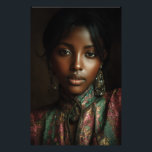 Golden Glow Melanin Regal Headscarf Portrait Fototryck<br><div class="desc">Golden light caresses rich brown skin, illuminating sharp cheekbones, glossy lips, and intense dark eyes beneath a luxurious emerald-magenta-gold paisley headscarf. Elaborate antique gold earrings with dangling gems frame her face, while the high-neck embroidered garment in jewel tones adds regal texture and depth. The intimate close-up against a moody dark...</div>