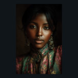 Golden Glow Melanin Regal Headscarf Portrait Poster<br><div class="desc">Golden light caresses rich brown skin, illuminating sharp cheekbones, glossy lips, and intense dark eyes beneath a luxurious emerald-magenta-gold paisley headscarf. Elaborate antique gold earrings with dangling gems frame her face, while the high-neck embroidered garment in jewel tones adds regal texture and depth. The intimate close-up against a moody dark...</div>