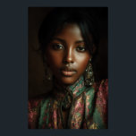 Golden Glow Melanin Regal Headscarf Portrait Poster<br><div class="desc">Golden light caresses rich brown skin, illuminating sharp cheekbones, glossy lips, and intense dark eyes beneath a luxurious emerald-magenta-gold paisley headscarf. Elaborate antique gold earrings with dangling gems frame her face, while the high-neck embroidered garment in jewel tones adds regal texture and depth. The intimate close-up against a moody dark...</div>