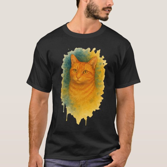 Golden Glow: Vattenfärgat katt T Shirt (Framsida)