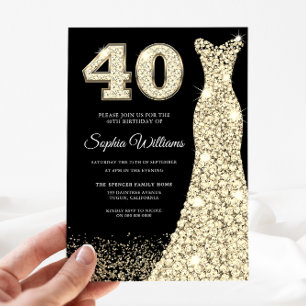 Golden Gnistra Dress 40:e födelsedagen Party Black Inbjudningar