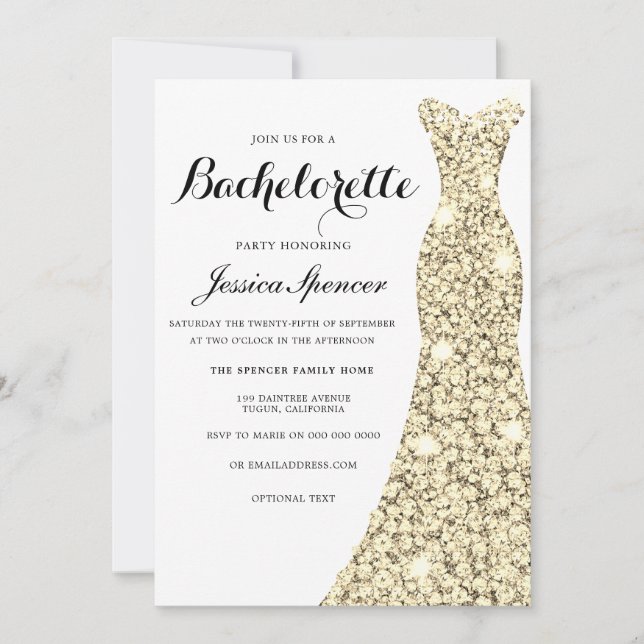 Golden Gnistra Dress Bachelorette Party Inbjudan (Framsida)