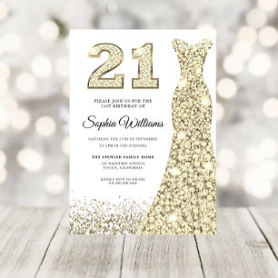 Golden Gnistra Glitter Dress 21:a födelsedagen Par Inbjudningar