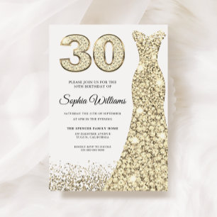 Golden Gnistra Glitter Dress 30års födelsedag Part Inbjudningar