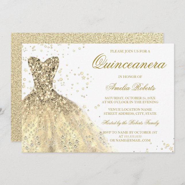 Golden Gnistra Glitter Dress Quinceanera Party Inbjudningar (Fram/baksida)