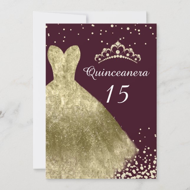 Golden Gown Burgundy Back Quinceanera Party 15:e Inbjudningar (Framsida)