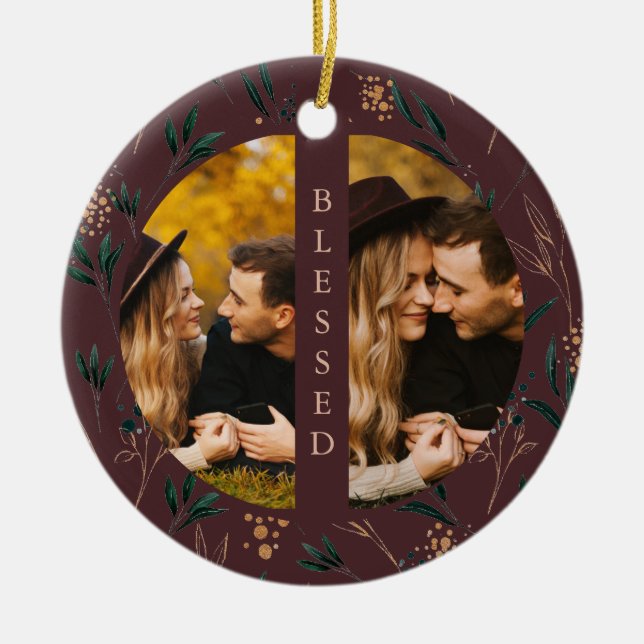 Golden Greenery Blsed Typography Photo Eggplant Julgransprydnad Keramik (Framsidan)