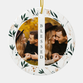 Golden Greenery Blsed Typography Two Photo Julgransprydnad Keramik
