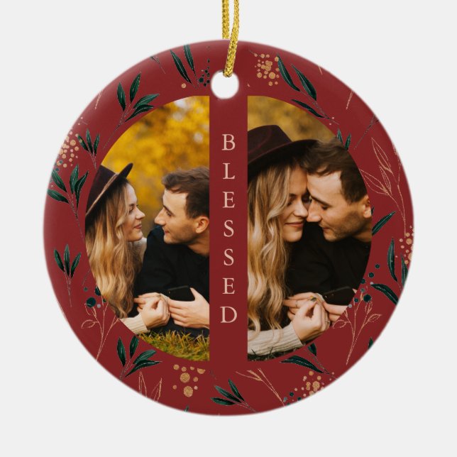 Golden Greenery Blsed Typography Two Photo Red Julgransprydnad Keramik (Framsidan)