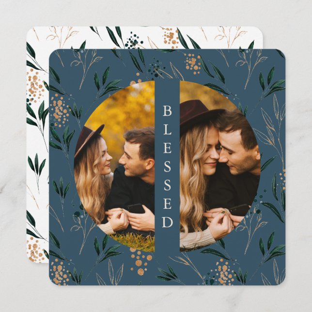 Golden Greenery Blue Blating Two Photo Julkort (Fram/baksida)