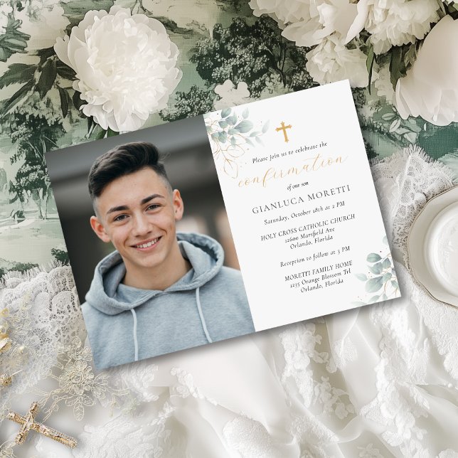 Golden Greenery Confirmation med Photo Inbjudningar (This simple, yet elegant, confirmation invitation can be used for a young man or woman.)