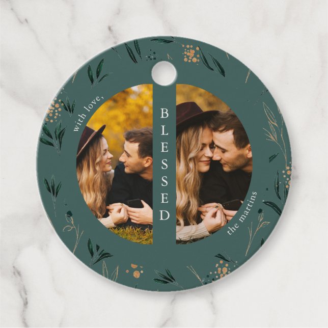 Golden Greenery Teal Two Photo Jul Helgdag Gåvor Etiketter (Framsida)