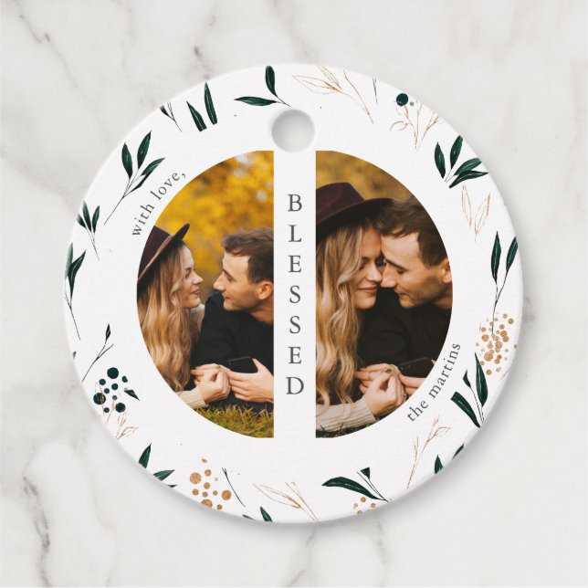 Golden Greenery Two Photo Jul Helgdag Gåvor Etiketter (Framsida)