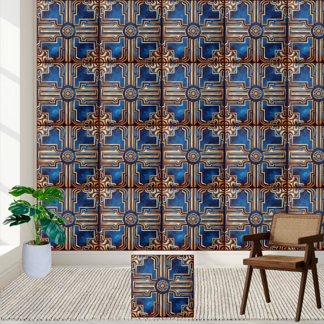 Golden Grekiska Nyckel Mönster Tile Kakelplatta (Golden Blue Greek Key Pattern Tile)