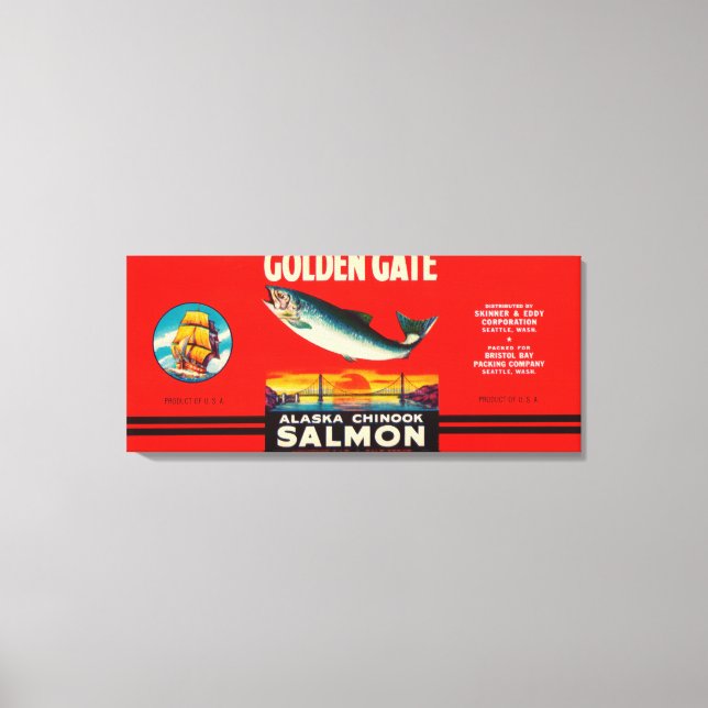 Golden Grind Brand Salmon Label-Seattle, WA Canvastryck (Framsida)