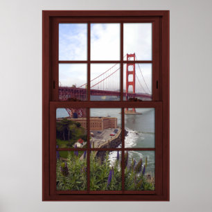 Golden Grind Bridge Faux Cherry Wood Window Poster