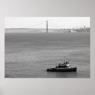 Golden Grind Bridge, Tug Boat, svart och vitt Poster