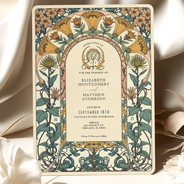 Golden & Grönt Blommigtarna Art nouveau Bröllop Inbjudningar (Skapare uppladdad)