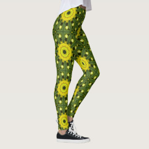 Golden Grönt Sunburst Kaleidoscope Blommönster Leggings