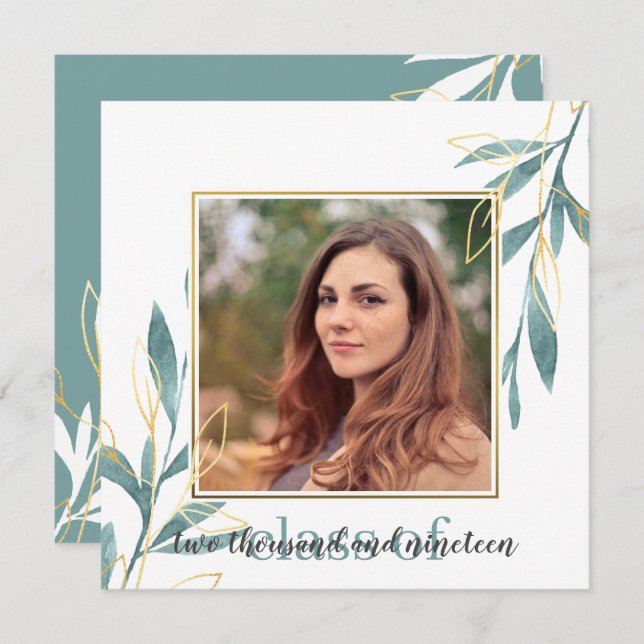 Golden Grönt Watercolor Blommigt Studenten Inbjudningar (Fram/baksida)