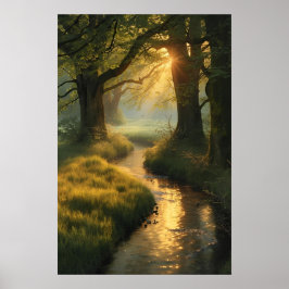 Golden Grove Sunrise - Tranquil Sunlit Forest Stre Poster