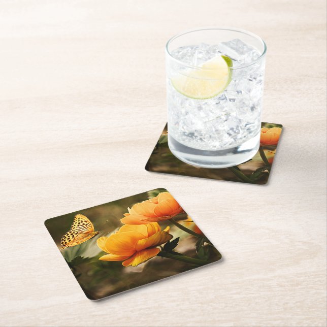 Golden gula blommor och fjäril underlägg papper kvadrat (Insitu)