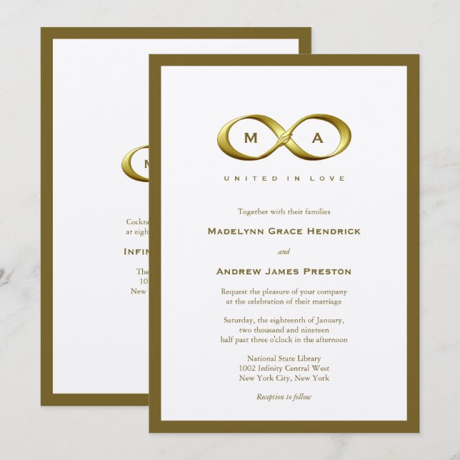 Golden Guld Infinity Hand Clasp Monogram Bröllop Inbjudningar (Fram/baksida)