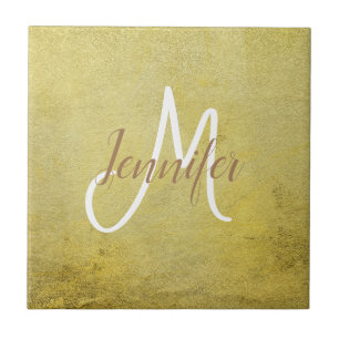 Golden Guld Simple Metallic Glam Namn Monogram Kakelplatta