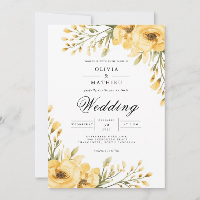 Golden Gult Blommigt Arch Bröllop Inbjudningar (Framsida)