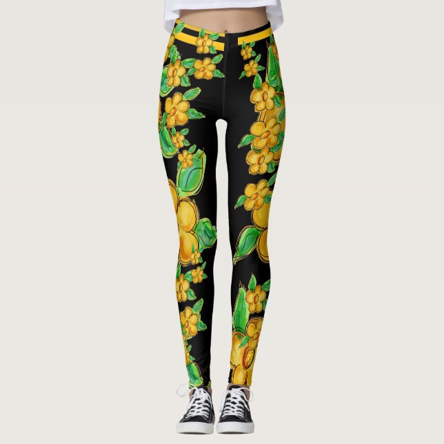 Golden Gult Blommigt Art Leggings (Framsida)
