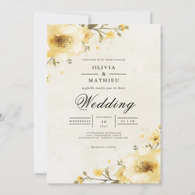 Golden Gult Blommigt Stollig Bröllop Inbjudningar (Framsida)