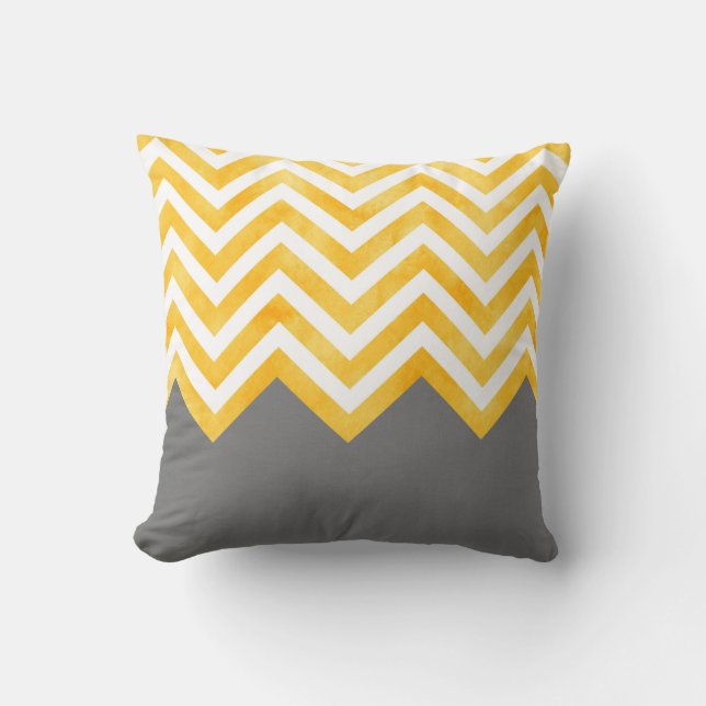 Golden Gult Grått Chevron Färg Block Kudde (Framsida)