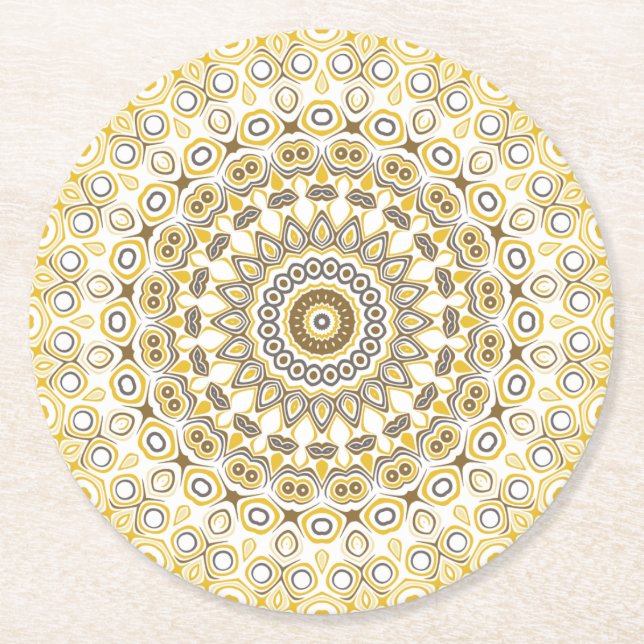 Golden Gult Mandala Mönster Underlägg Papper Rund (Framsidan)