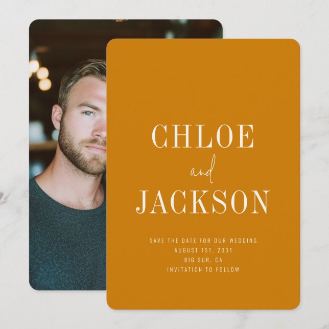 Golden Gult Mustard Modern Modern Foto Bröllop Spara Datumet (Fram/baksida)