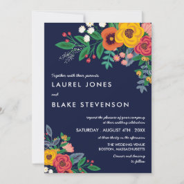 Golden Gult Navy Blue Bohemian Bouquet Inbjudningar