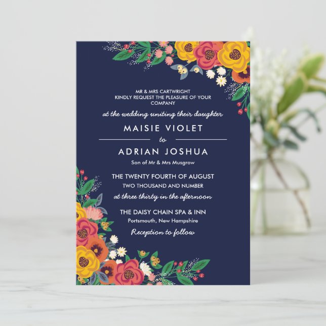 Golden Gult Navy Boho Blommigt Parsts Hosting Inbjudningar (Stående Fram)
